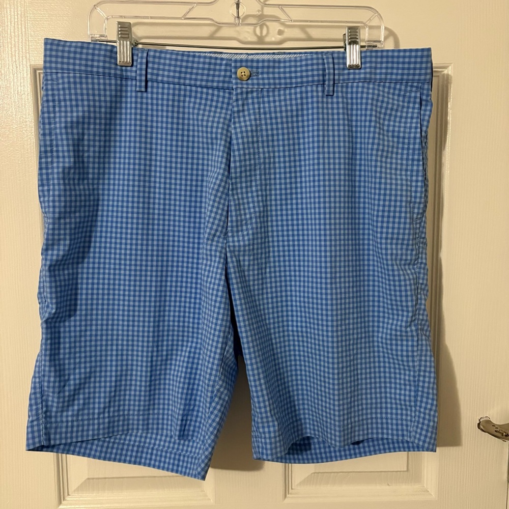Peter Millar Featherweight Shorts Mens 36 Blue Plaid Chino Golf Performance